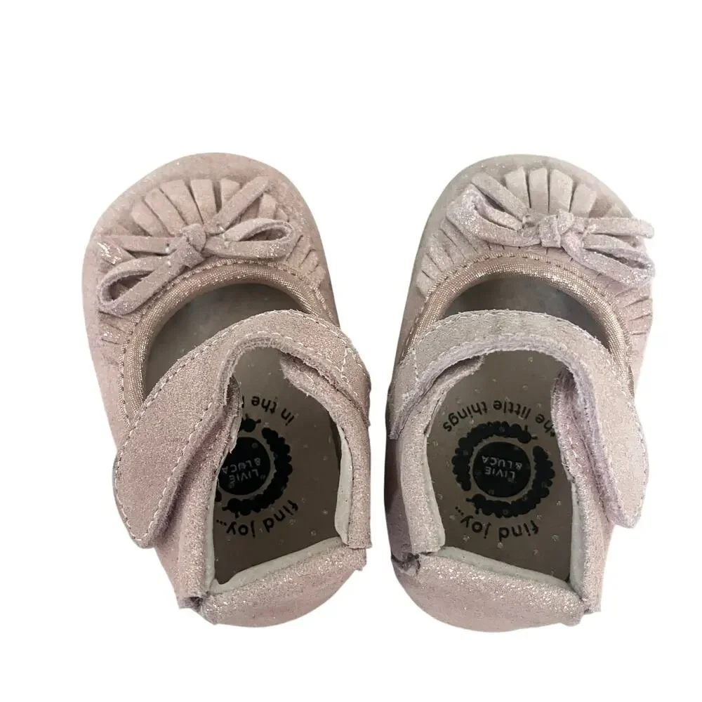Livie & Luca 'Willow' Fringe Moccasin Mary Jane Suede Pink Shoe 6-12 MTH